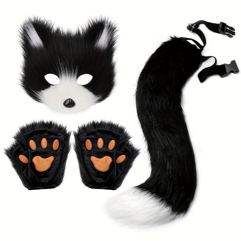 3pcs Fox Cosplay Set: Plush Mask, Gloves & Tail - Perfect for Halloween, Masquerade Parties & Anime Conventions