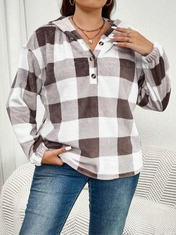 Women's Plaid Print Button Front Hoodie, Casual Long Sleeve Plus Hooded Sweatshirt for Fall & Winter, Women's Clothing for Daily Wear