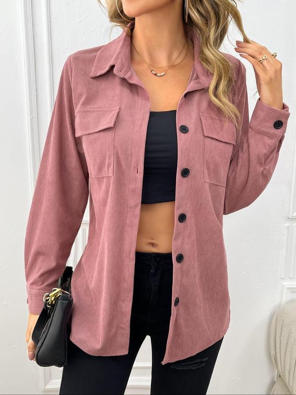 Women's Plain Button Front Pocket Corduroy Blouse, Mean Girls Shirt Casual Long Sleeve Collared Top for Fall, Going Out Tops, Shirts for Women, Lady Clothing for Daily Wear