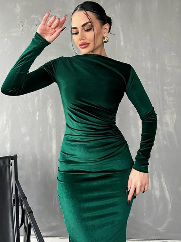 Women's Plain Ruched Boat Neck Bodycon Velvet Dress, Elegant Long Sleeve Midi Dress for Party Holiday Wedding Guest, Ladies Spring & Fall Clothes