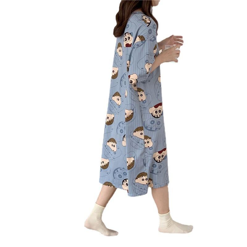 Nightdress Women's Summer Korean-Style Spring and Autumn Student Short-Sleeved Home Wear Cute Cartoon Loose Pregnant Women's Pajamas Women's Summer