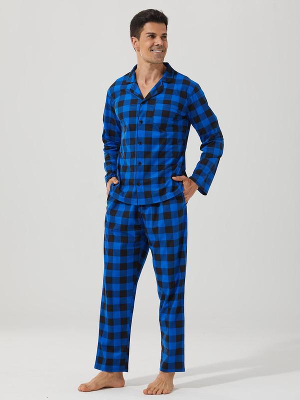 Couple's Plaid Print Button Front Pajama Two-piece Set, Casual Comfy Long Sleeve Pocket Top & Elastic Waist Pants Pj Set, Couple's Sleepwear for Spring & Fall