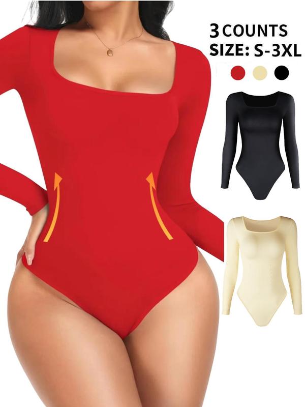 Women's Solid Square Neck Long Sleeve Seamless Shapewear Bodysuit, Button Closure Crotch Tummy Control Butt Lifting Shaper, Ladies Shapewear for All Seasons