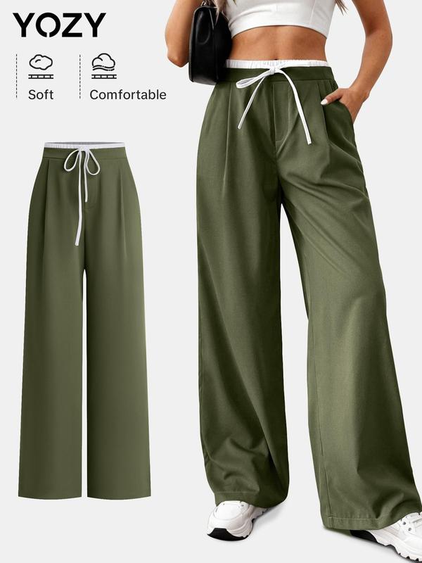 YOZY Christmas Deals, Women's Patchwork Drawstring Waist Straight Leg Pants, Casual Comfy Plicated Pocket Trousers for Daily Wear, Ladies Bottoms for All Seasons, Christmas 2024 Trend, Fall & Winter Clothes