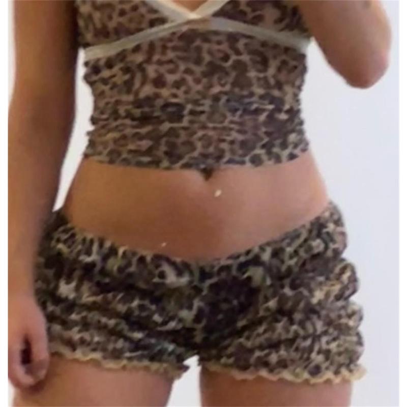 Women Y2k Sexy Ruffle Lounge Shorts Y2k Girls Cute Pettipants Leopard Print Elastic Waist Micro Shorts Pajamas Bottoms Party Streetwear