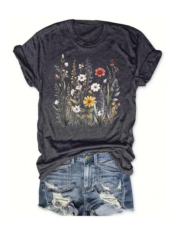 Women's Floral Print Round Neck Tee, Vintage Trendy Casual Fitted Short Sleeve T-shirt for Daily Wear Back To School, Graphic Tees, T Shirts for Women, Ladies Fall Outfit