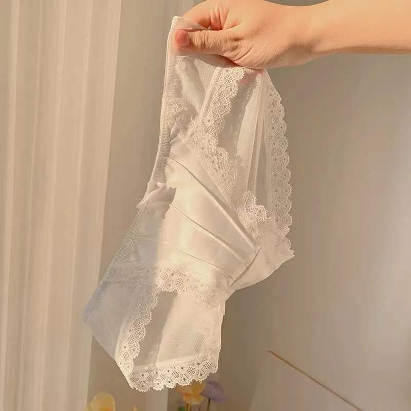 Vintage Satin Panties Soild Color Breathable Underwear Women French Sexy Lace Bow Lingerie Female Mid-waist Thin Mesh Briefs New