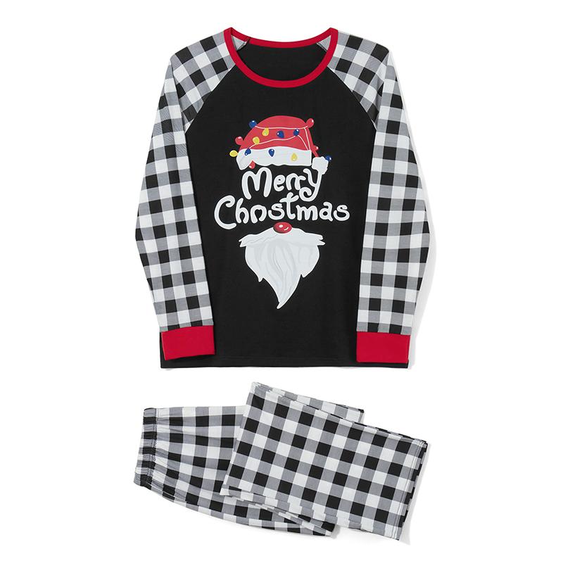 Family Matching Christmas Pajamas, Letter &Santa Hat Print Long-Sleeved Round Neck Tops + Plaid Pattern Trousers Sleepwear