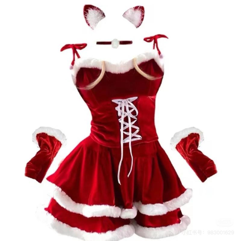 Christmas Kitty Santa Costume Set - Red Velvet Mini Dress with Cat Ear Headband and Hooded Cape - Womenswear Santa Bustier