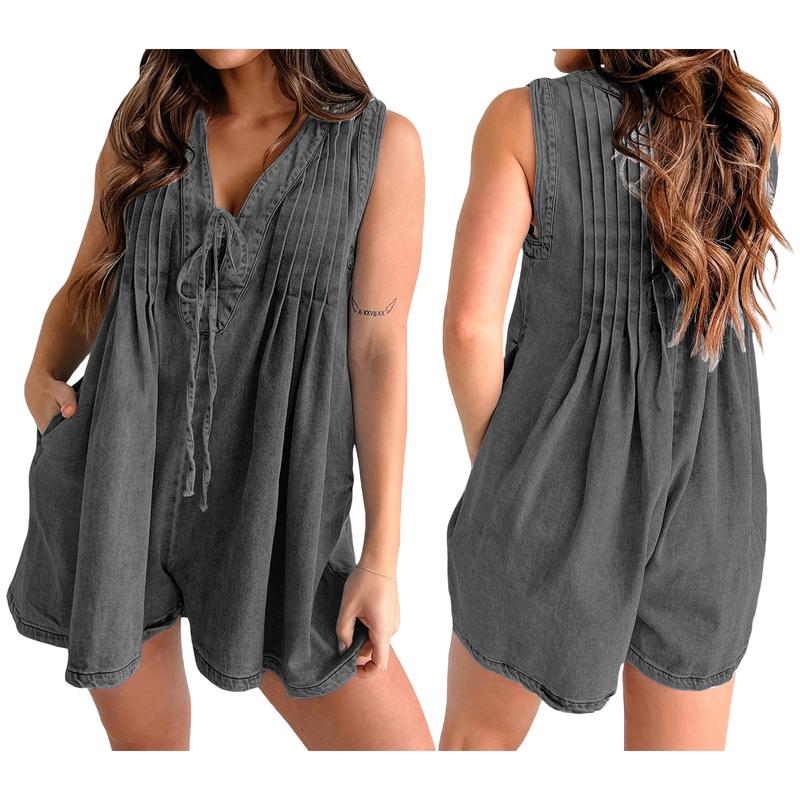 Womens Casual Sleeveless Tie Front Denim Romper Dress Overall Shorts Summer Jean Romper With Pocket