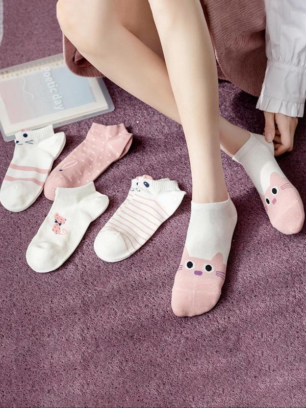 Women's Cartoon Cat Print Ankle Socks, Cute Comfy Breathable Low Cut Socks for Daily Wear, Women's Socks for Fall & Winter