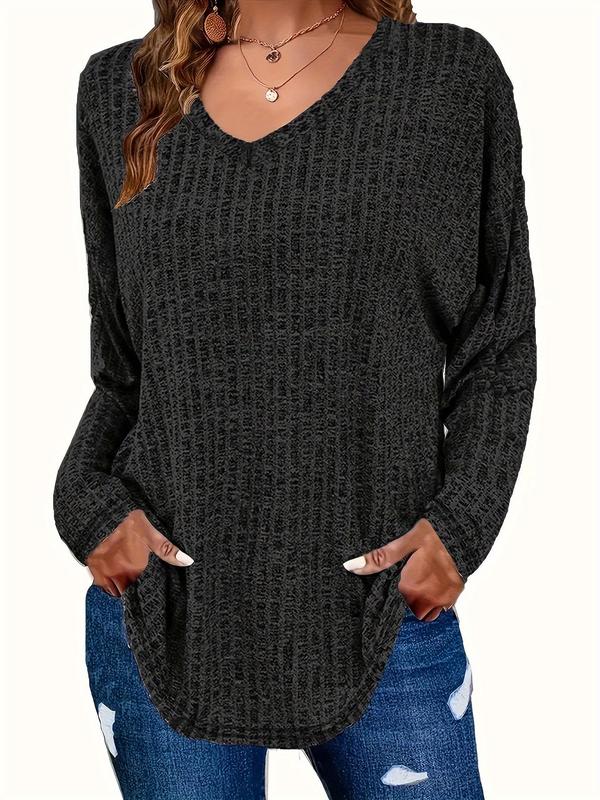 Plus Plain Textured Drop Shoulder V Neck Knit Top, Casual Long Sleeve Ribbed Top for Fall & Winter, Sweaters for Women, Women's Plus Clothing for Daily Wear