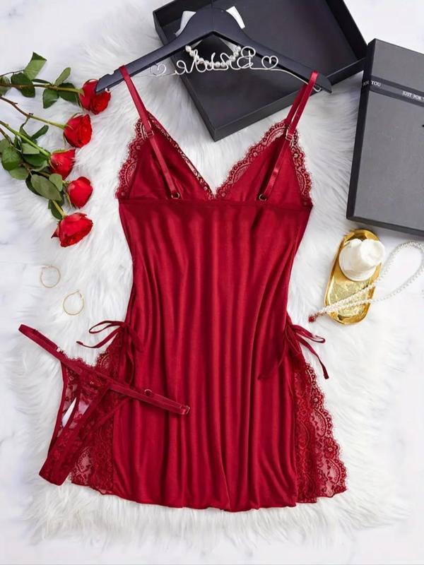 Women's Contrast Lace Bow Decor Cami Nightdress & Thong Two-piece Set, Split Thigh Spaghetti Strap Nightgown & Panty Set, Women's Sleepwear for All Seasons