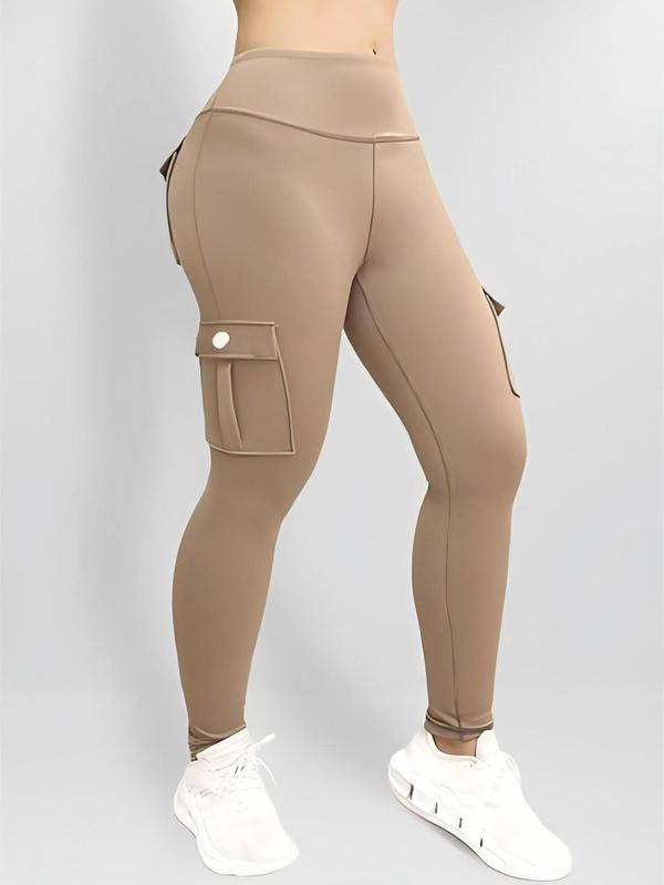  Solid High Waist Pocket Cargo Leggings, Casual Comfy Skinny Cargo Pants for Women, Women's Bottoms for Fall & Winter