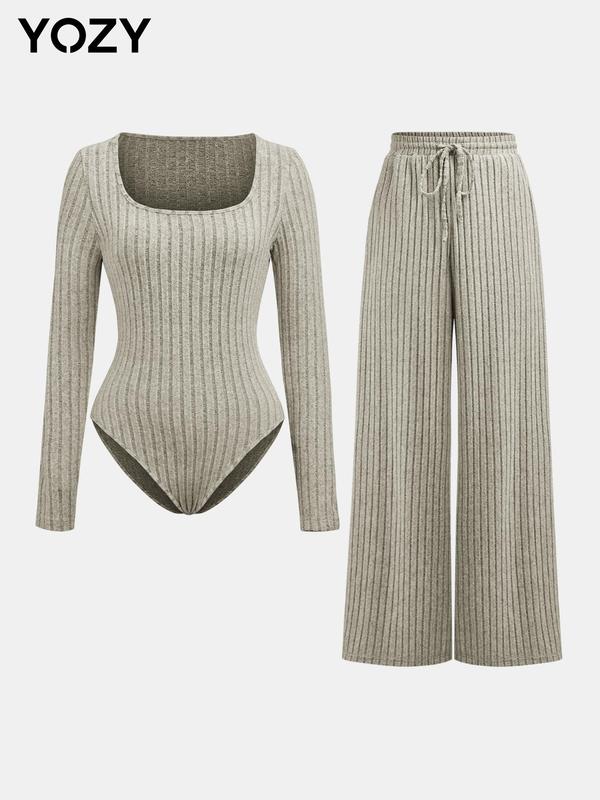 YOZY Christmas Deals, [3 Colors, Size 4-14] Ribbed Square Neck Bodysuit & Drawstring Waist Pants Set  Long Sleeve Bodysuit & Elastic Waist Wide Leg Trousers Set, 2024 Women's Fall & Winter Clothes, [S-XXL], Christmas 2024 Trend, Fall & Winter Outfits