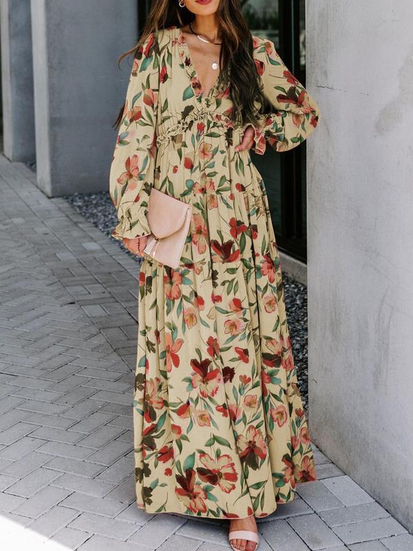 Women's Floral Print Frill Ruffle Hem Flounce Sleeve Chiffon Vintage Dress, Deep V Neck Long Sleeve A Line Maxi Dress, Women's Clothing for Holiday Vacation, Dresses for Women, Summer Clothes, Back To School Party, Birthday Dress, Women's Fall Clothing