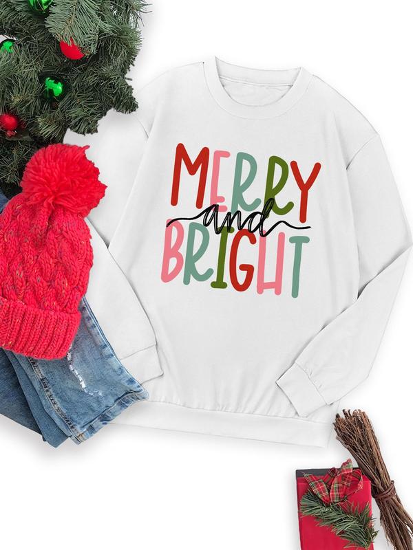 Women's Christmas Themed Letter Print Drop Shoulder Sweatshirt, Casual Long Sleeve Round Neck Pullover for Fall & Winter, Ladies Clothes for Daily Wear