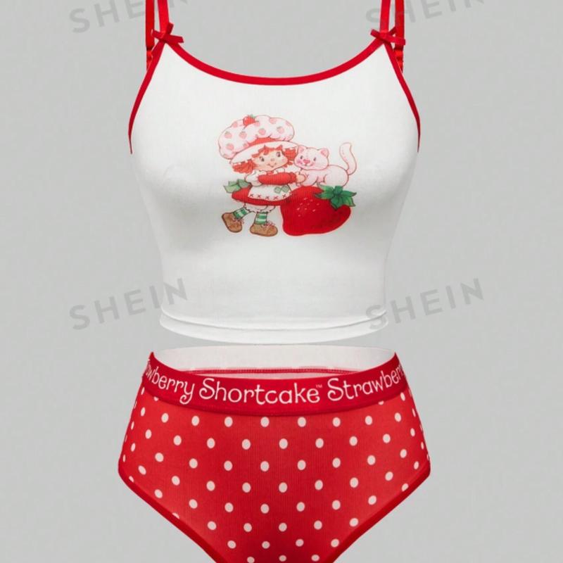 Strawberry Shortcake Cartoon Strawberry Print Bra And Brief Set For Women, Christmas Clothes