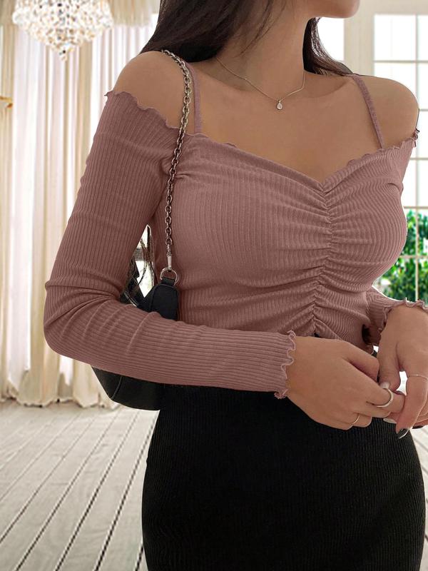 Women's Plain Ruched Cold Shoulder Tee, Chic Lettuce Trim Frill Trim Long Sleeve T-shirt for Daily Wear, Ladies Clothes for All Seasons