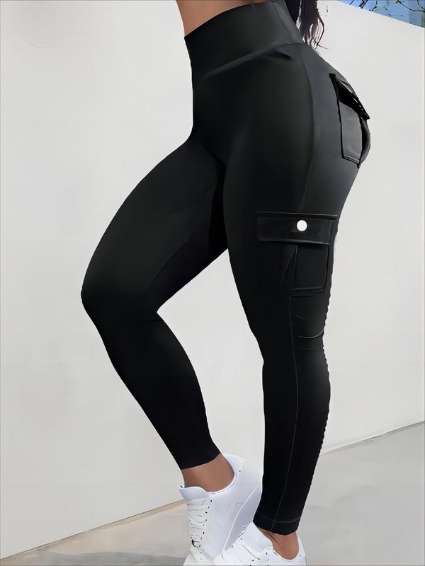  Solid High Waist Pocket Cargo Leggings, Casual Comfy Skinny Cargo Pants for Women, Women's Bottoms for Fall & Winter