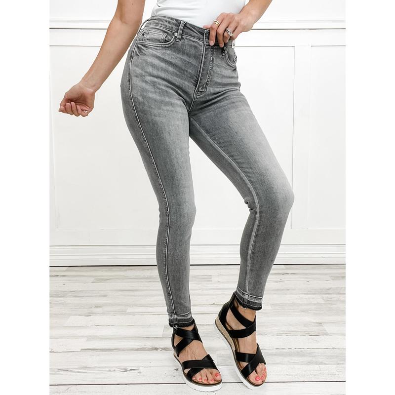 Judy Blue KYLER Grey High Waist Tummy Control Release Hem Skinny Jeans