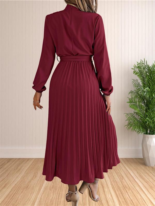 Women's Solid Belted Pleated A Line Dress, Elegant Bishop Sleeve Mock Neck Dress for Fall, Fall Outfits, Women's Basic Fall Clothing for Daily Wear, Tummy Hiding Dresses