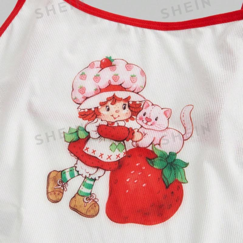 Strawberry Shortcake Cartoon Strawberry Print Bra And Brief Set For Women, Christmas Clothes