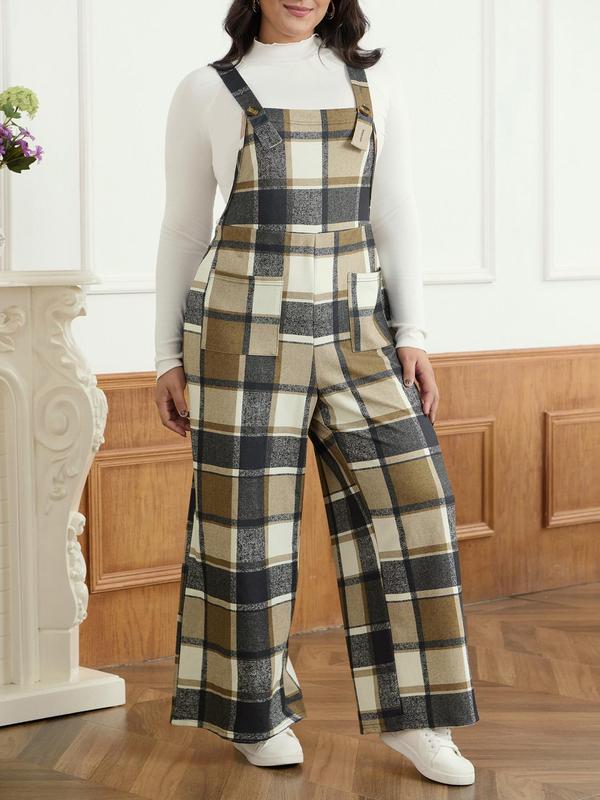 CURVZY Plus Size Plaid Print Button Decor Suspender Overalls, Casual Pocket Overalls Jumpsuit for Daily Wear, Women's Plus Clothing for All Seasons