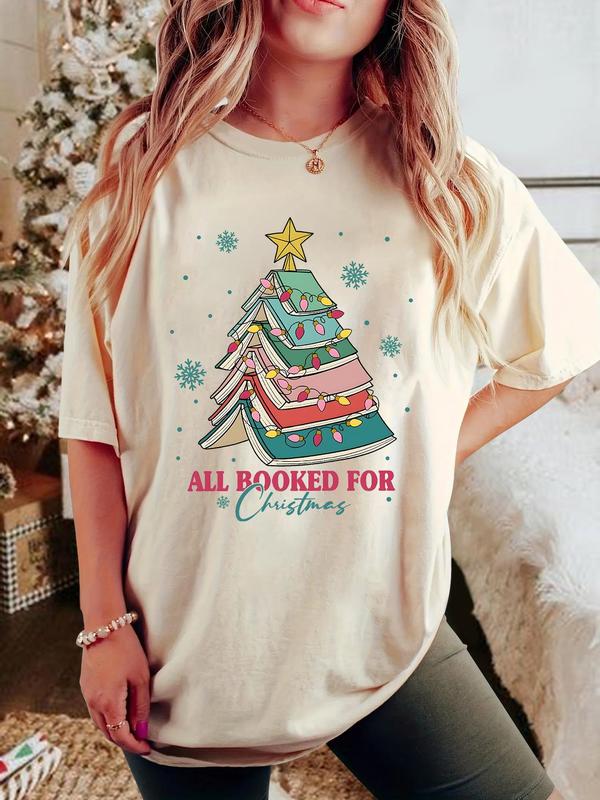 Women's Christmas Gingerbread Man Print Round Neck Tee, Casual Short Sleeve Drop Shoulder T-shirt for All Seasons, Fashion Women's Top for Daily Wear