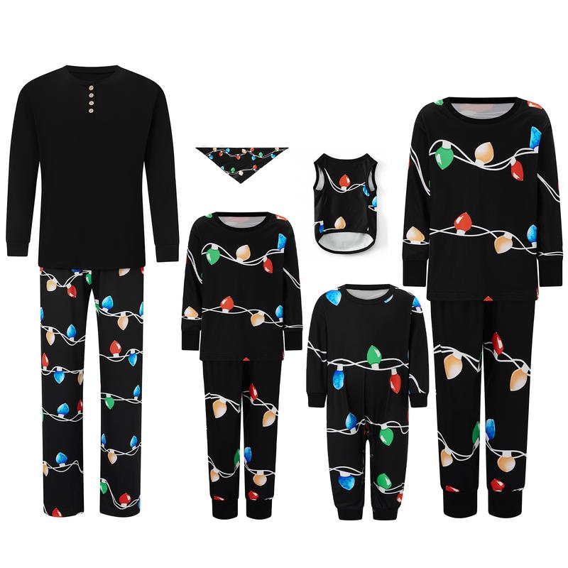 Black Christmas Pajamas For Family Family Matching Christmas Pajama Set String Light Print Long Sleeve Tops Elastic Waist Long Pants