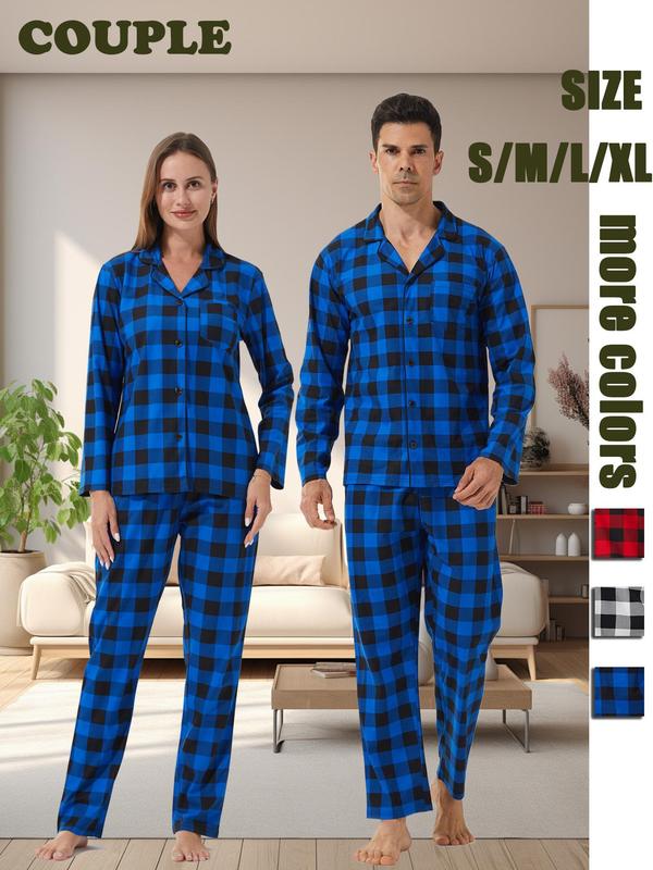 Couple's Plaid Print Button Front Pajama Two-piece Set, Casual Comfy Long Sleeve Pocket Top & Elastic Waist Pants Pj Set, Couple's Sleepwear for Spring & Fall