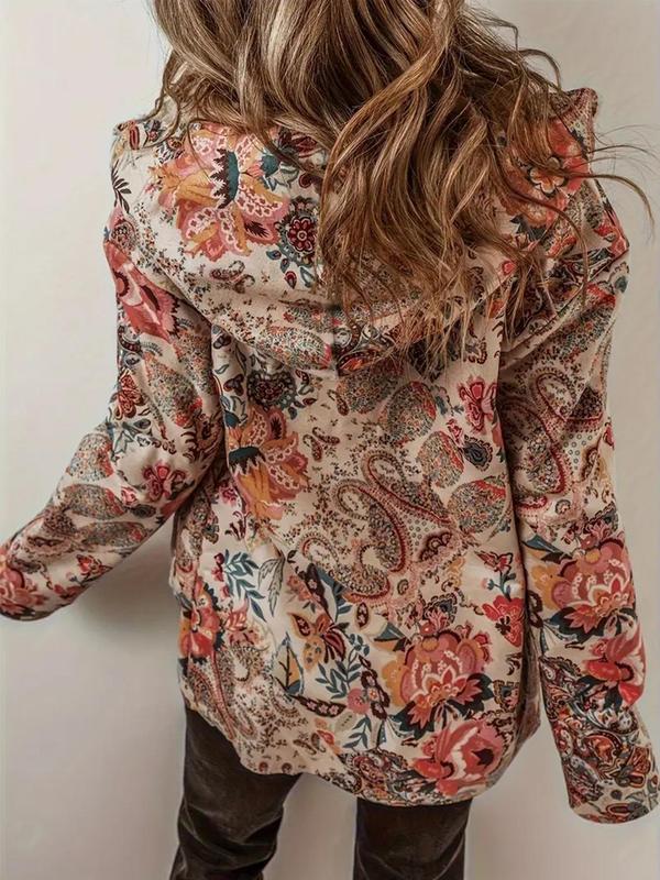 Women's Floral Print Pocket Hooded Fleece Jacket, Casual Long Sleeve Outerwear for Fall & Winter, Ladies Clothes for Daily Wear, Winter Clothes Women, Coats for Women