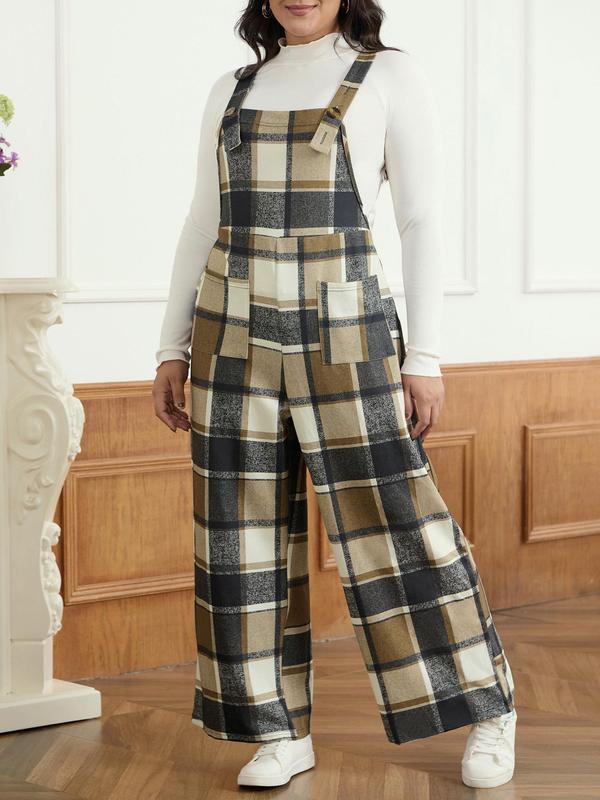 CURVZY Plus Size Plaid Print Button Decor Suspender Overalls, Casual Pocket Overalls Jumpsuit for Daily Wear, Women's Plus Clothing for All Seasons