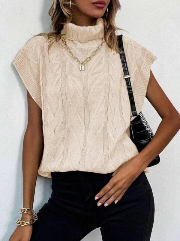 Women's Plain Textured Turtle Neck Sweater Vest, Sweaters for Women, Casual Cap Sleeve Knit Top for Spring & Fall, Fashion Women's Knitwear for Daily Wear