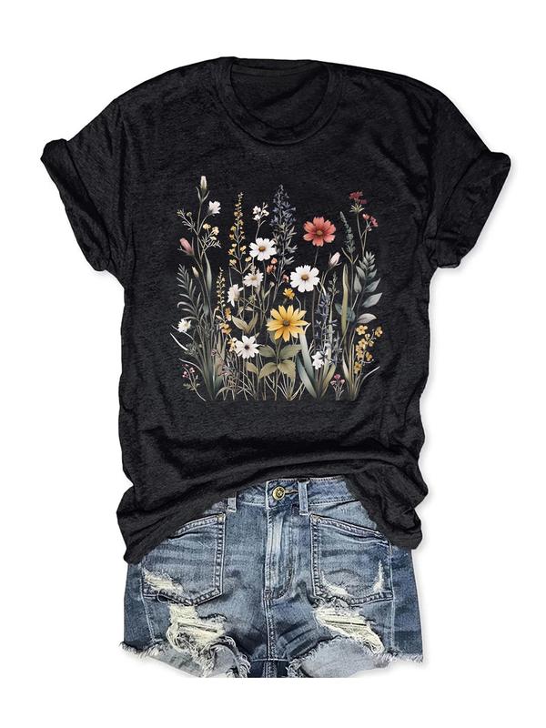 Women's Floral Print Round Neck Tee, Vintage Trendy Casual Fitted Short Sleeve T-shirt for Daily Wear Back To School, Graphic Tees, T Shirts for Women, Ladies Fall Outfit