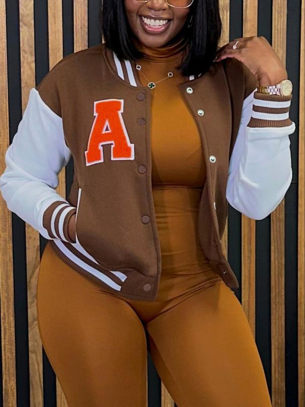 Women's Letter Graphic Button Front Varsity Jacket, Casual Fashion Drop Shoulder Mock Neck Coat for Daily Outdoor Wear, Jackets for Women, Ladies Spring & Fall Clothes