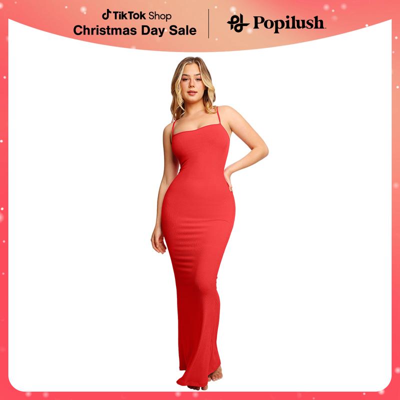 Popilush Ribbed Modal Built-In Shapewear Dresses Christmas