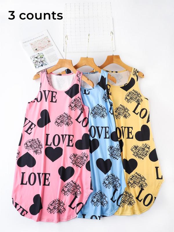 Women's Heart & Letter Print Tank Nightdress, Casual Curved Hem Round Neck Nightgown for Summer, Ladies Summer Sleepwear