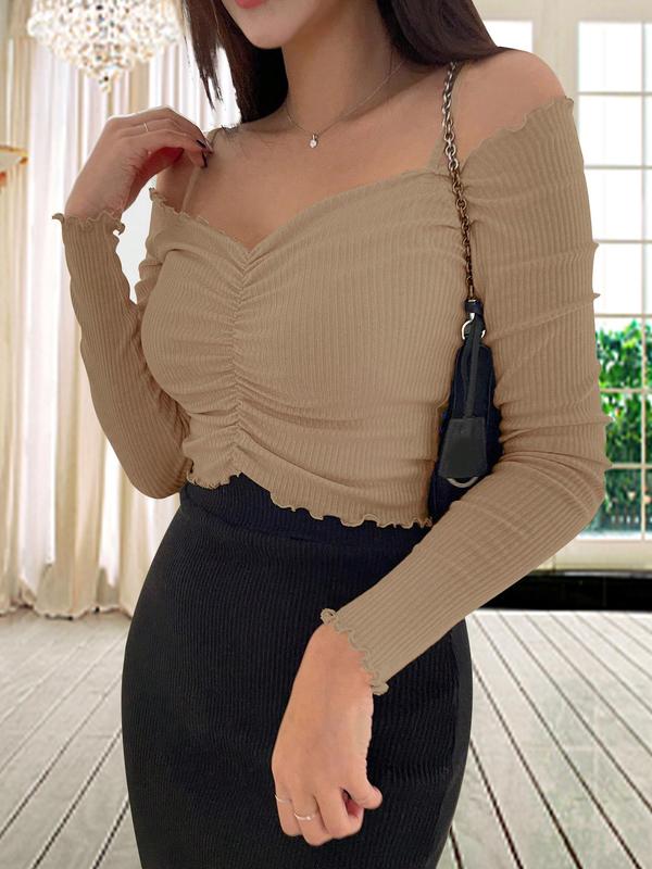 Women's Plain Ruched Cold Shoulder Tee, Chic Lettuce Trim Frill Trim Long Sleeve T-shirt for Daily Wear, Ladies Clothes for All Seasons