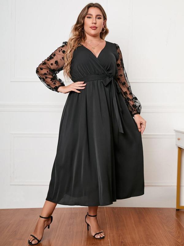 Plus Size Floral Embroidered Belted Sheer A Line Dress, Elegant Sweetheart Neck Bishop Sleeve Dress for Party Holiday Wedding Guest, Women's Clothes for Spring & Fall