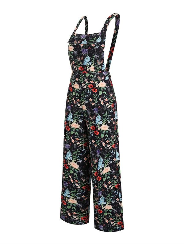 Women's Floral Print Backless Button Cami Jumpsuit, Casual Sleeveless Wide Leg Jumpsuit for Spring & Fall, Women's Clothes for Daily Wear