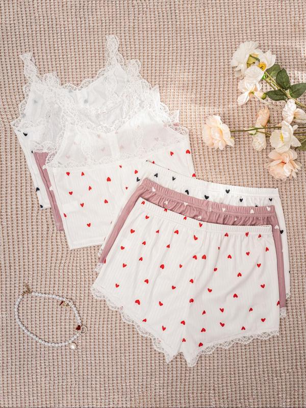 Women's Heart Print Contrast Lace Cami Top & Bow Decor Shorts Pyjama Set, Casual Comfy Spaghetti Strap Camisole & Shorts PJ Set, Ladies Sleepwear for All Seasons