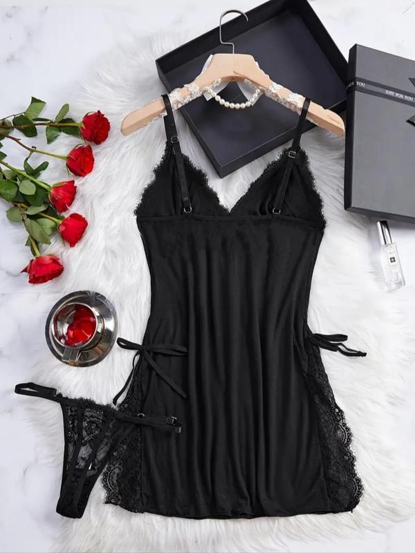 Women's Contrast Lace Bow Decor Cami Nightdress & Thong Two-piece Set, Split Thigh Spaghetti Strap Nightgown & Panty Set, Women's Sleepwear for All Seasons