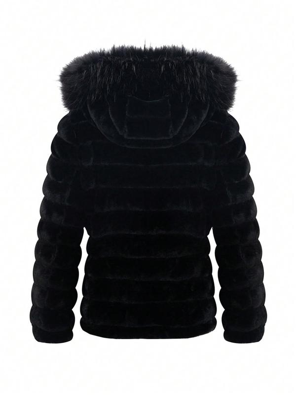 Women's Solid Color Contrast Faux Fur Reversible Hooded Jacket, Casual Warm Long Sleeve Drawstring Quilted Coat for Fall & Winter, Women's Clothing for Daily Wear