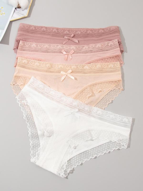 Women's Bow Decor Contrast Lace Knicker, Soft Comfy Breathable Scallop Panty for Daily Wear, Underwear for All Seasons