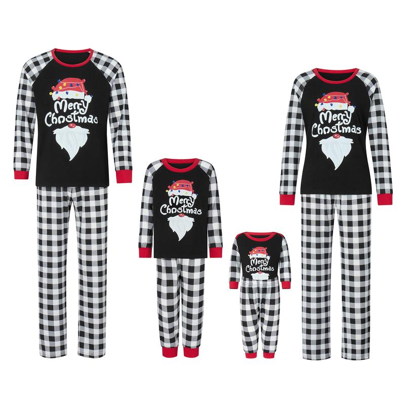 Family Matching Christmas Pajamas, Letter &Santa Hat Print Long-Sleeved Round Neck Tops + Plaid Pattern Trousers Sleepwear