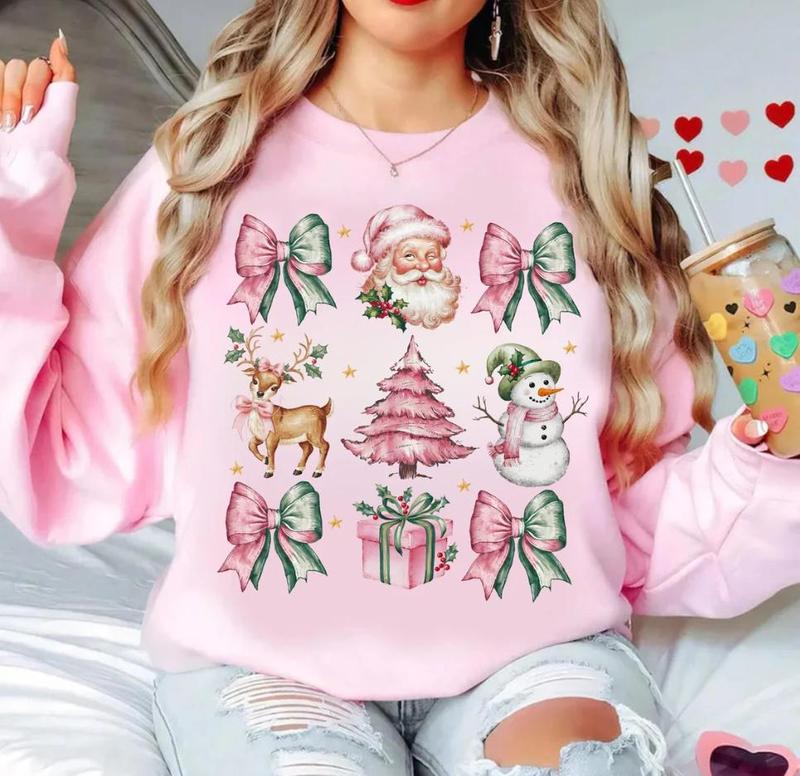 Coquette Pink Christmas Pink Bow Christmas Shirt, Trendy Santa Christmas Family Cozi Winter Season Graphic T-Shirt, Sweat Shirt, Hoodie Best Holiday Gifts