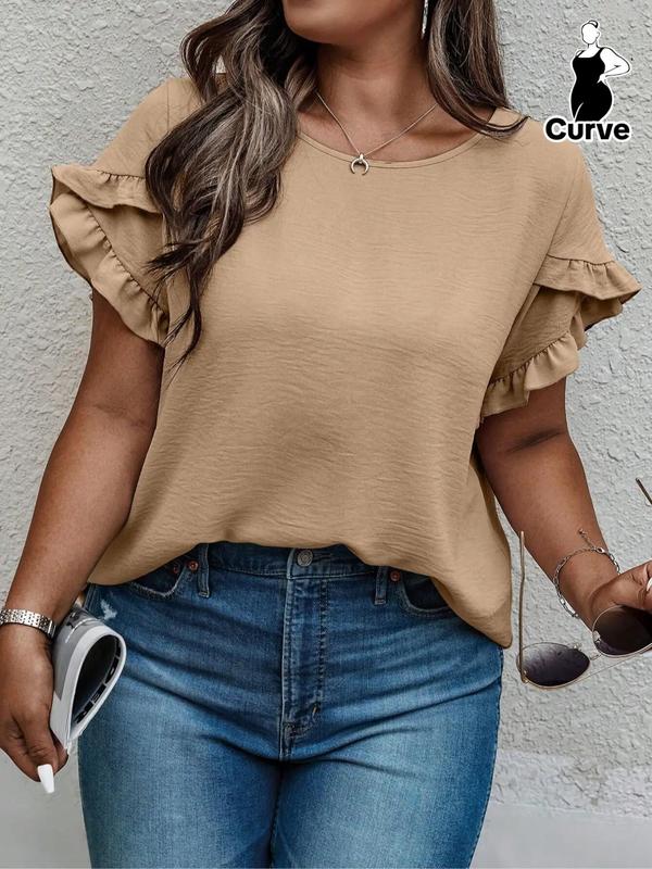 Plus Size Women's Solid Color Minimalist Basic Ruffle Trim Petal Sleeve Crewneck Blouse, Comfort Casual Shortsleeve Round Neck Peplum Top for Lady, Summer Tops 2024