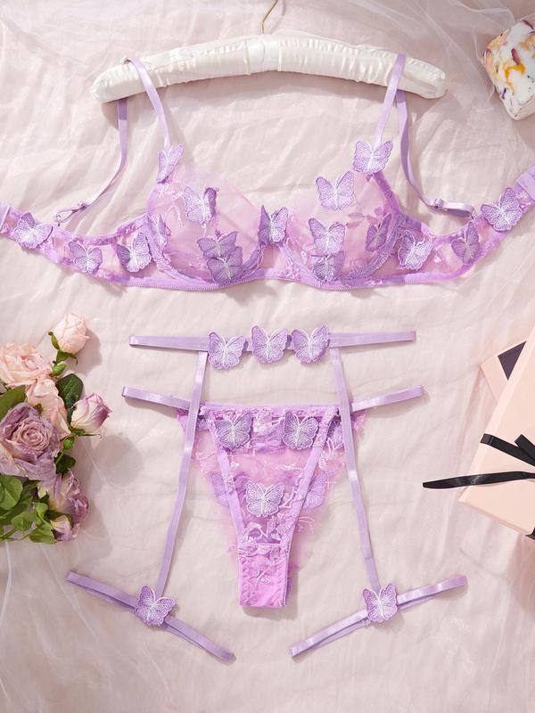 Women's Butterfly Embroidery Sheer Mesh Lingerie Three-piece Set, Romantic Adjustable Strap Underwire Bra & Thong & Garter Belt Set, Lingerie Set for Women