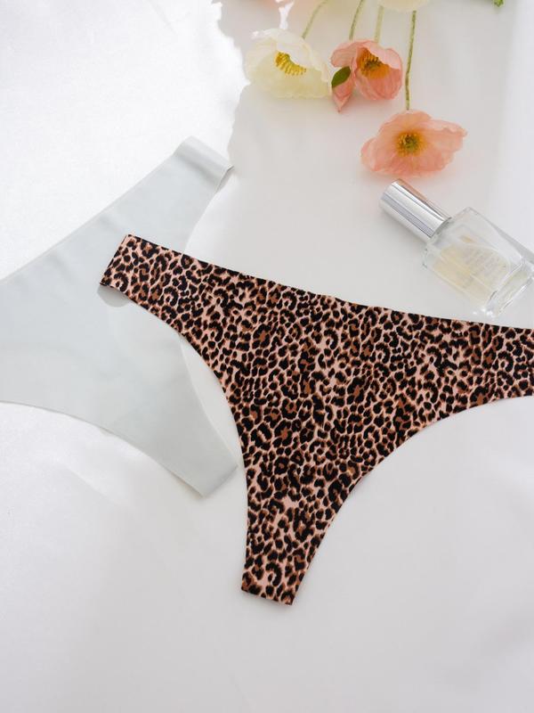 Women's Solid Color & Leopard Print Seamless Thong, Soft Comfy Breathable Drop Waist Seamless Panties for Daily Wear, Women's Underwear for All Seasons